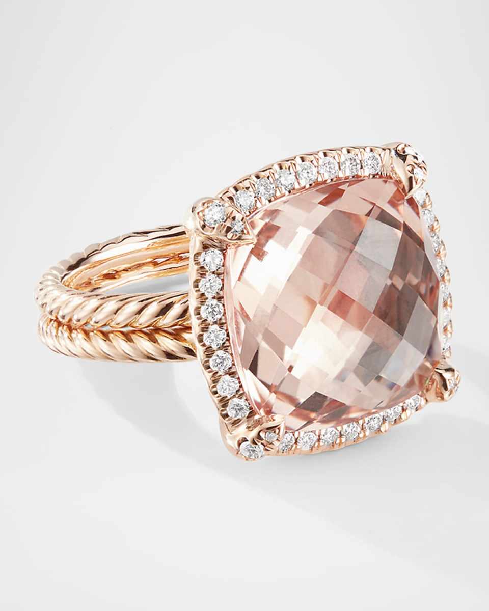 Chatelaine Pave Bezel Ring in 18K Rose Gold with Morganite and Diamonds, 14mm, Size